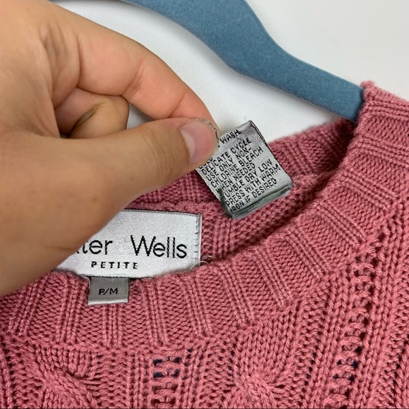 Vintage Blush Pink Cable Knit Padded Shoulder Crew Neck Sweater Baxter Wells - Picture 8 of 10